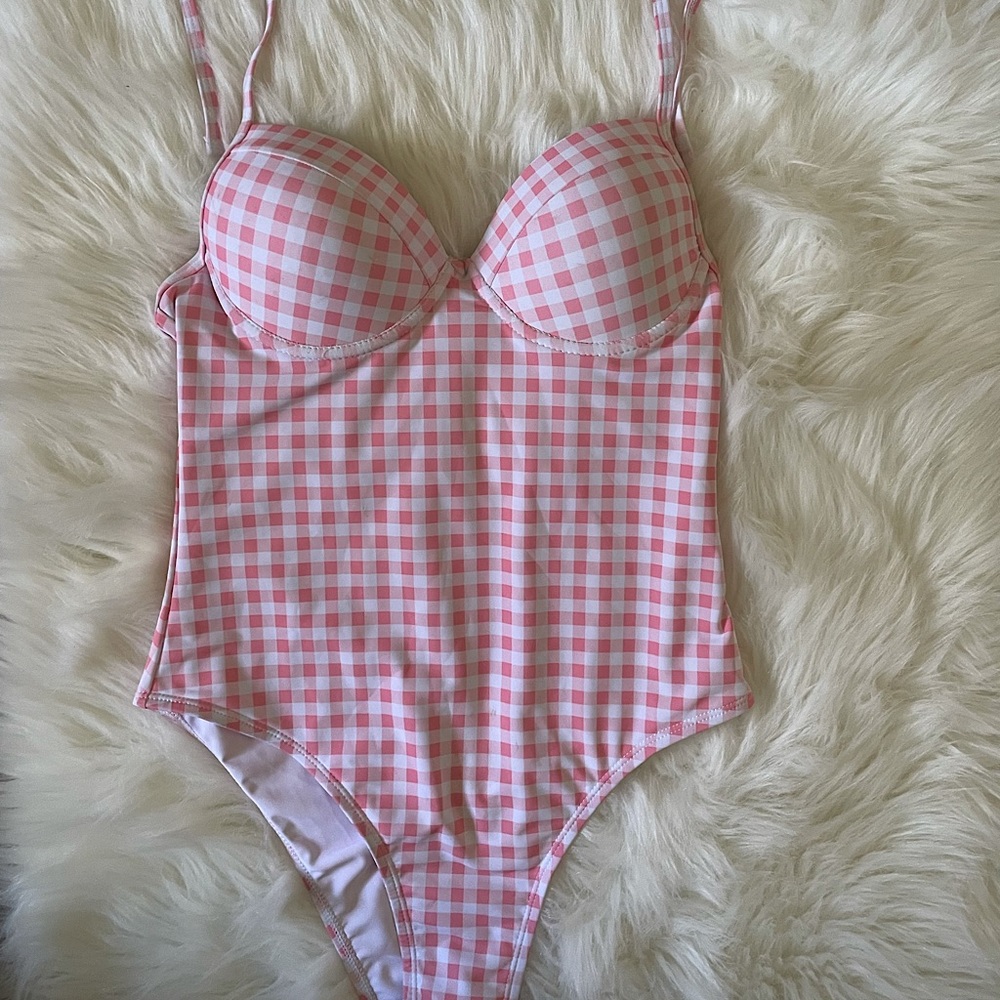 NEVER USED pink and white gingham one piece. Size medium.